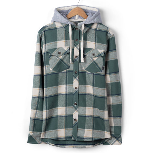 Front view of a mens Saltrock Strait long sleeve check shirt in dark teal green with chest pockets and a detachable grey hood.