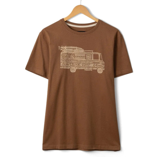 Front view of a mens Saltrock short sleeve t-shirt in brown with a Trail Bus print design on the front