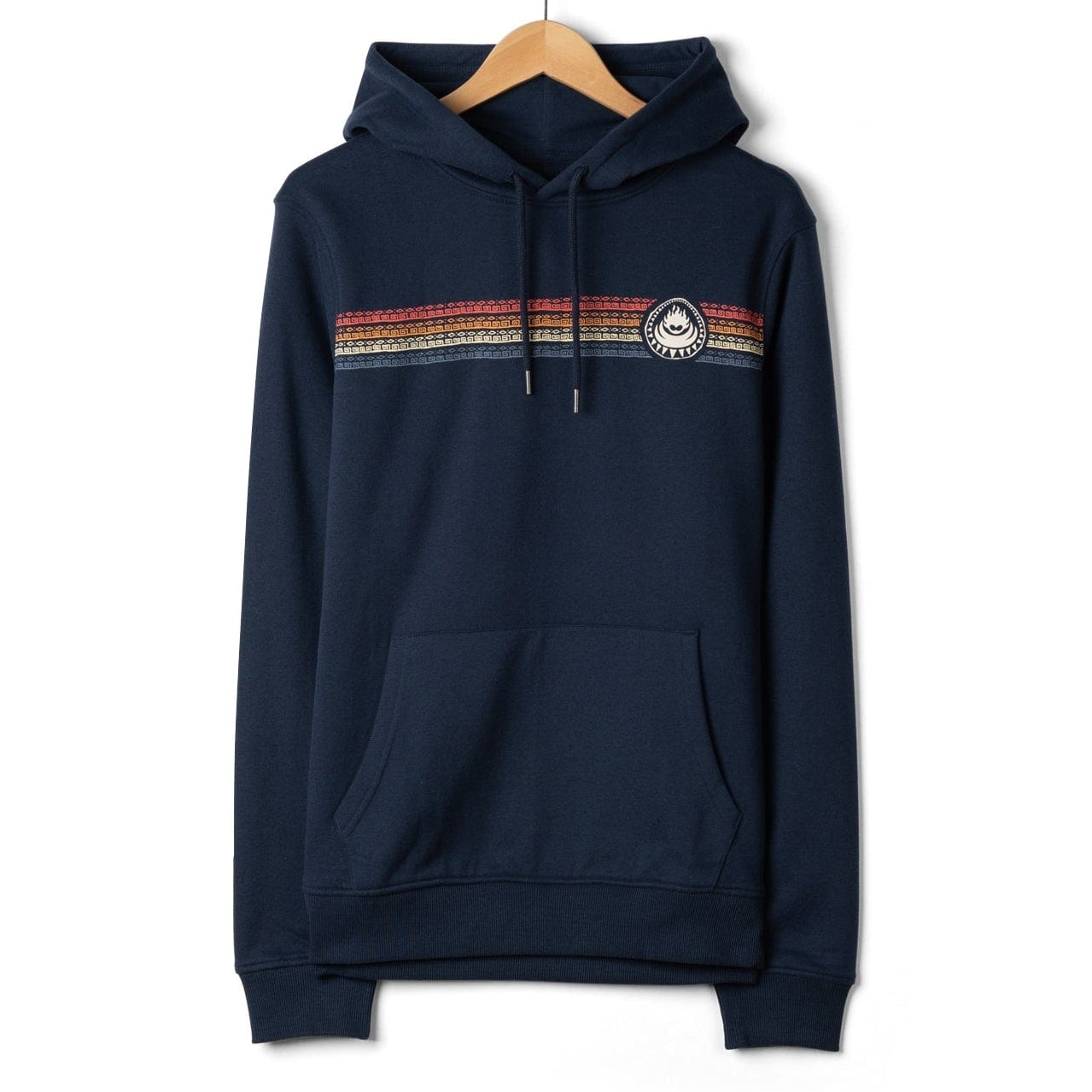 Front view of a navy blue Saltrock Tribal Stripe pop hoodie with multicolour stripe print and logo across the chest and tummy pocket