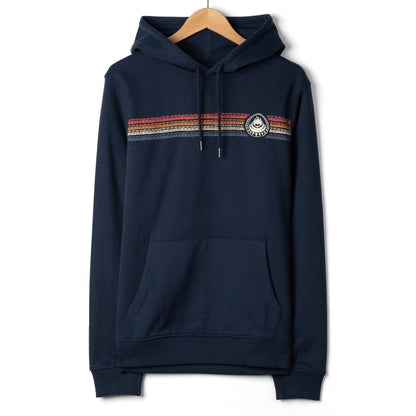 Front view of a navy blue Saltrock Tribal Stripe pop hoodie with multicolour stripe print and logo across the chest and tummy pocket
