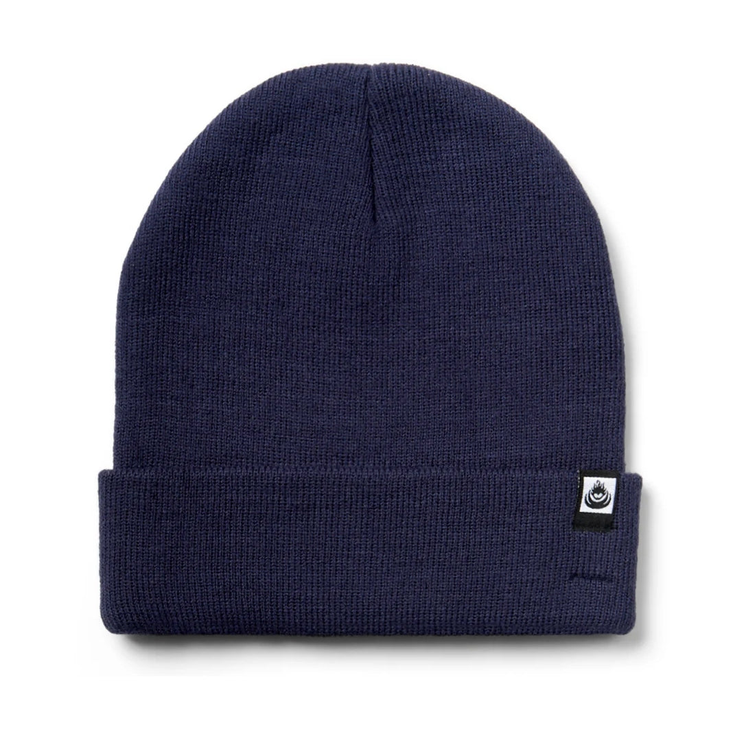 Front view of an adults Saltrock Ok knitted beanie in blue with a turn back hem and small logo label.