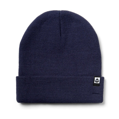 Front view of an adults Saltrock Ok knitted beanie in blue with a turn back hem and small logo label.