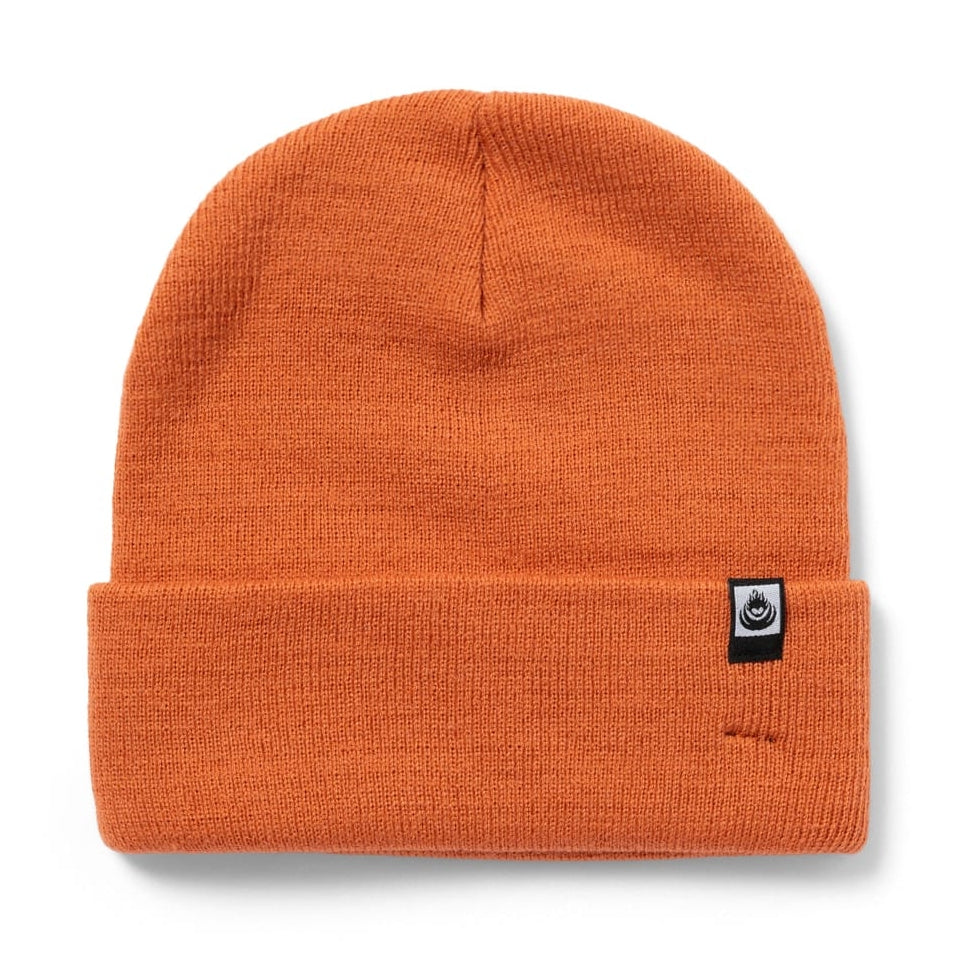 Front view of a Saltrock OK beanie in light orange, with a turn back hem and small logo label.