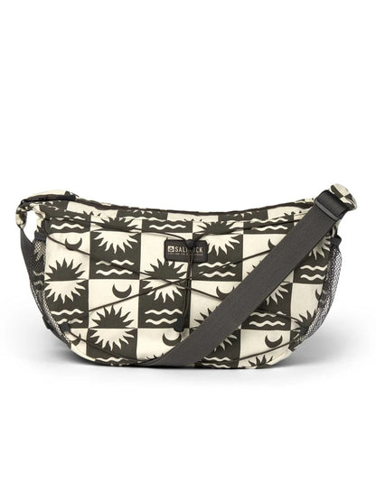 Front view of a Saltrock sling bag cream with stylish sun and wave pattern perfect for casual outings