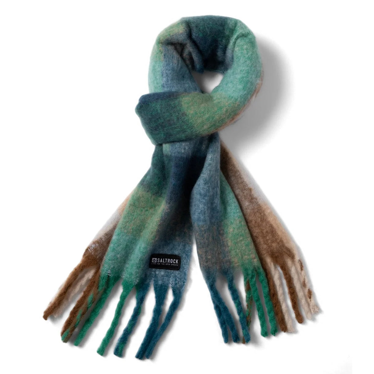 Front view of a Saltrock Harvest check pattern scarf in blue green and brown with tassels on a white background.