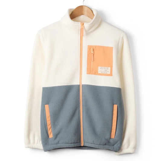 Front view of a womens Saltrock Denya  full zip colour block fleece in cream, blue and coral on a hanger against a white background