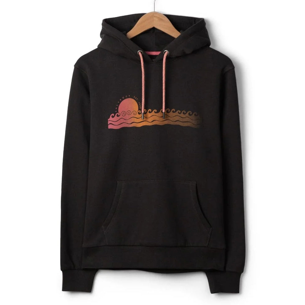 Front view of a womens Saltrock Golden Hour dark grey pop hoodie with a sunset and wave print on a white background