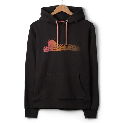 Front view of a womens Saltrock Golden Hour dark grey pop hoodie with a sunset and wave print on a white background