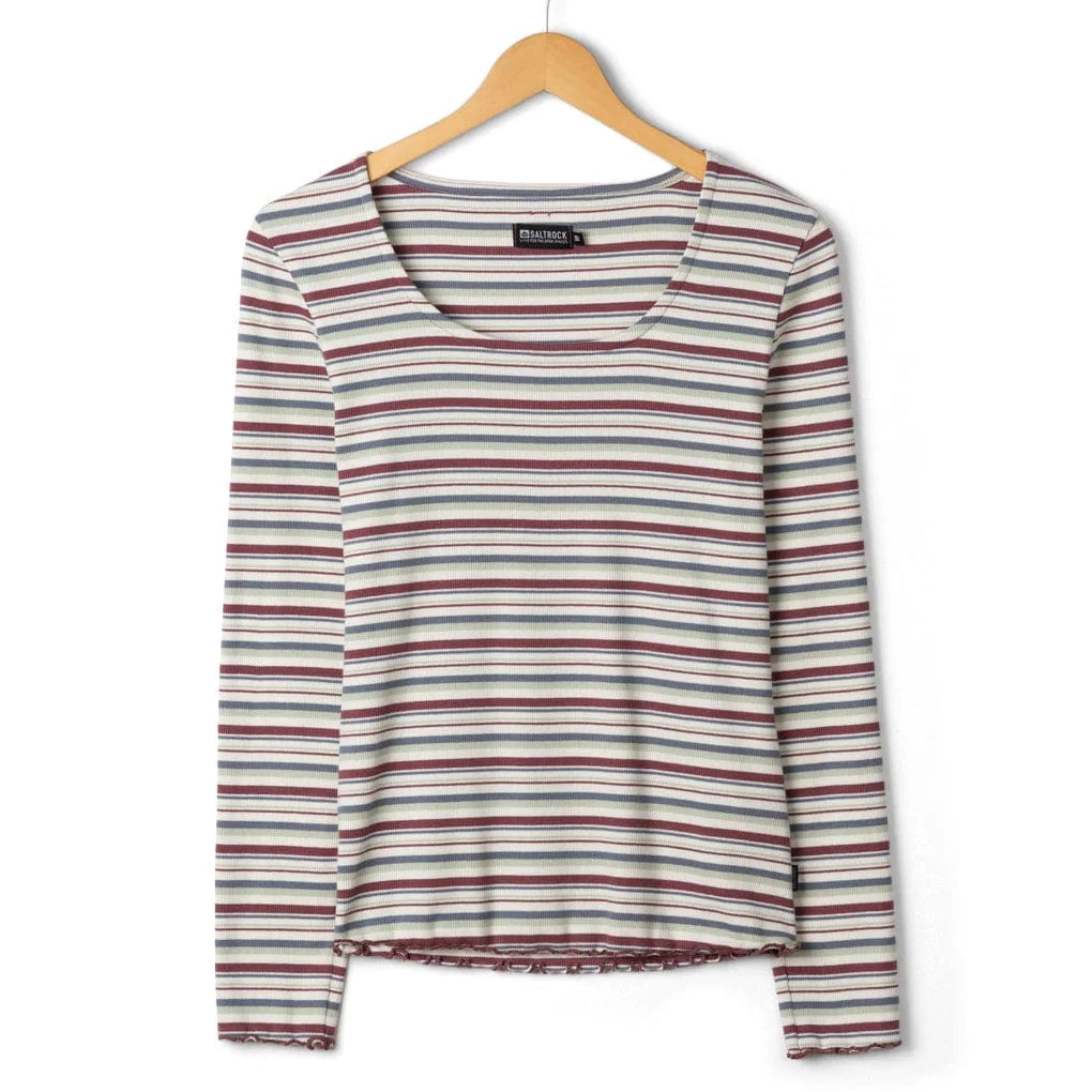 Front view of a womens Saltrock long sleeve Lenna t-shirt in white with a multicolour stripe pattern