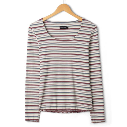 Front view of a womens Saltrock long sleeve Lenna t-shirt in white with a multicolour stripe pattern
