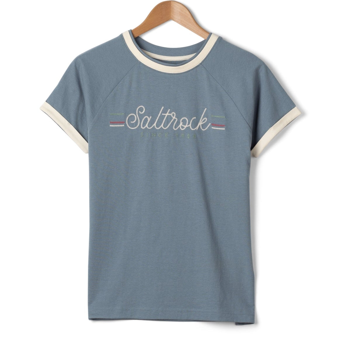 Front view of a blue womens t-shirt with 'Saltrock' Links logo on a hanger against a white background