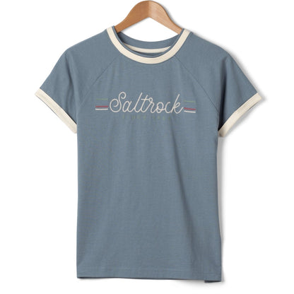 Front view of a blue womens t-shirt with 'Saltrock' Links logo on a hanger against a white background