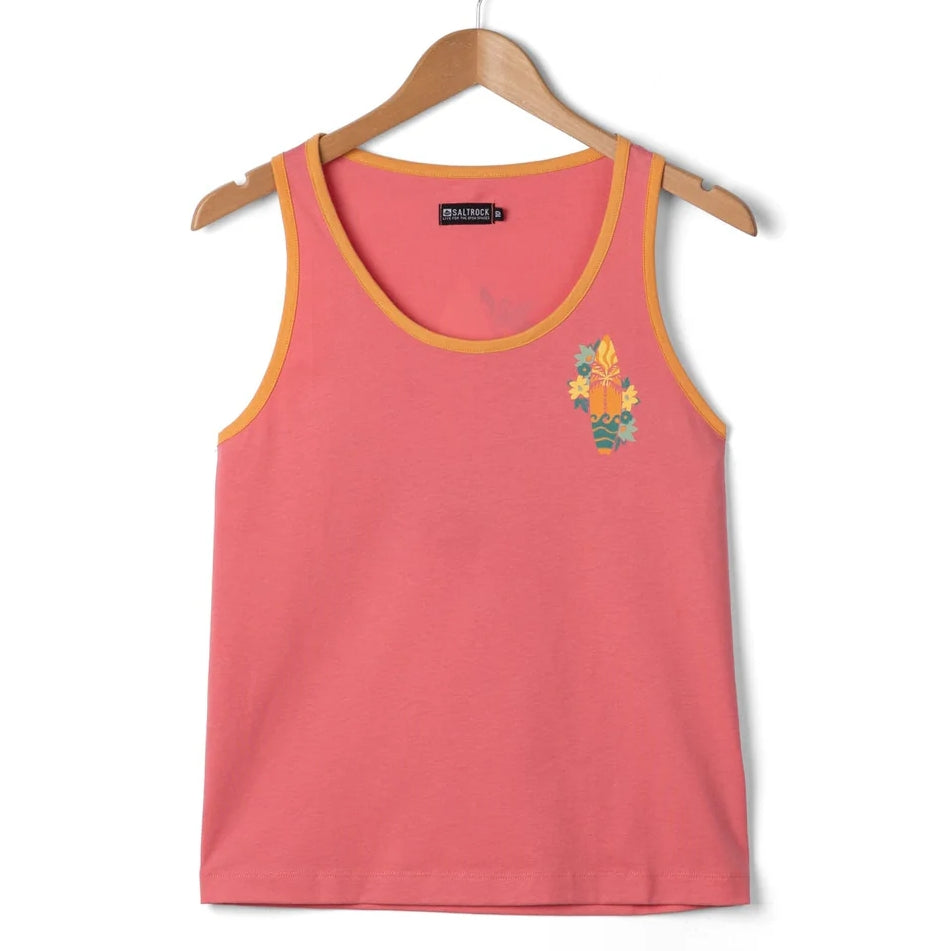Front view of a Saltrock pink Sun Surfer vest top with floral surfboard print on a hanger against a white background