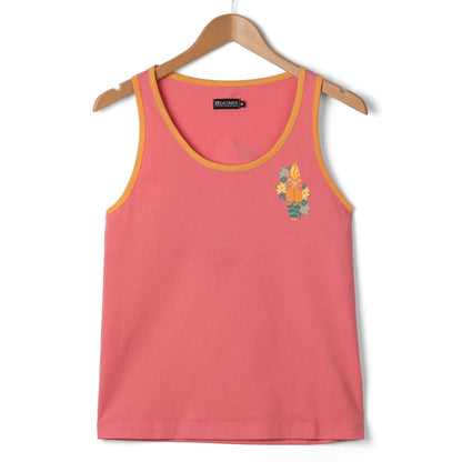 Front view of a Saltrock pink Sun Surfer vest top with floral surfboard print on a hanger against a white background