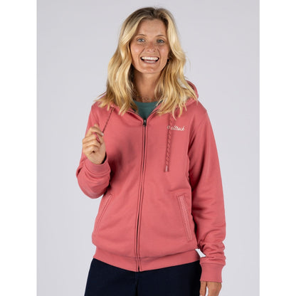Front view of a woman wearing a Saltrock full zip Borg lined Tamsin hoodie in Pink