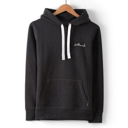 Front view of a womens dark grey Saltrock Velator pop hoodie with white drawstrings on a wooden hanger against a white background
