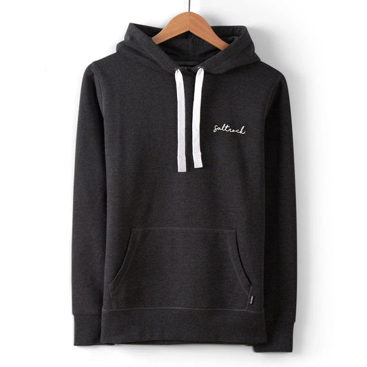 Front view of a womens dark grey Saltrock Velator pop hoodie with white drawstrings on a wooden hanger against a white background