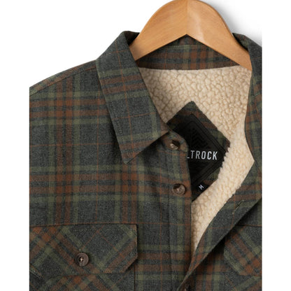 Saltrock mens grey check Woody jacket with sherpa lining on a hanger.