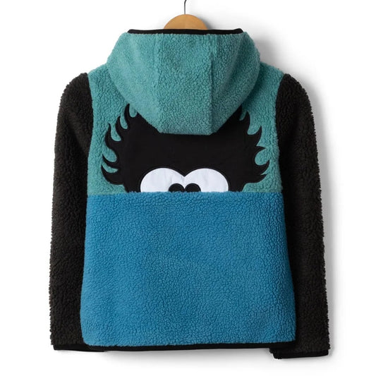 Back view of a Saltrock kids Tok Emery fleece with a zip through front ,hooded neckline and a blue, black and teal colour block design, with a black Tok character peeking out from the colour block design.