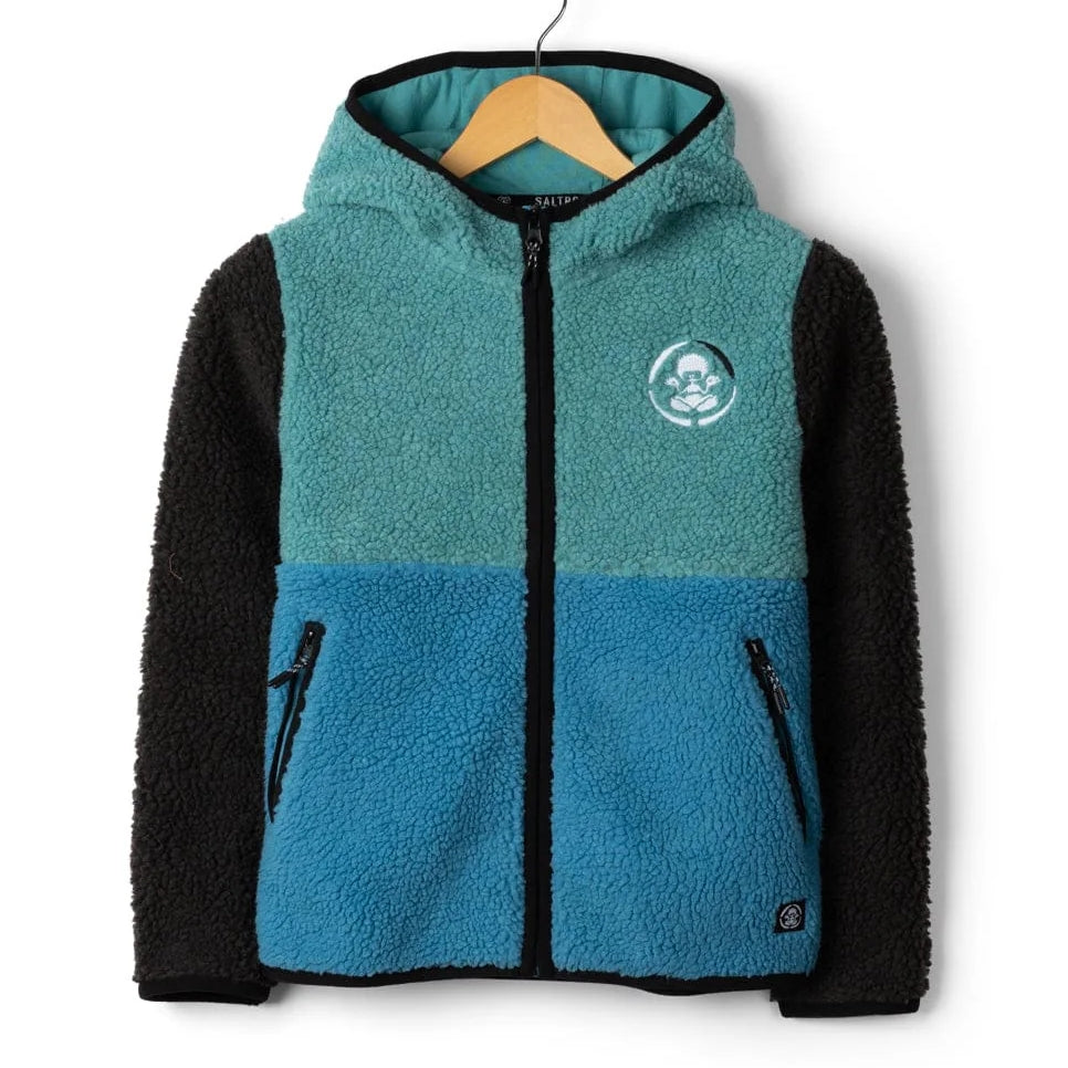 Front view of a Saltrock kids Tok Emery fleece with a zip through front ,hooded neckline and blue, black and teal colour block design.