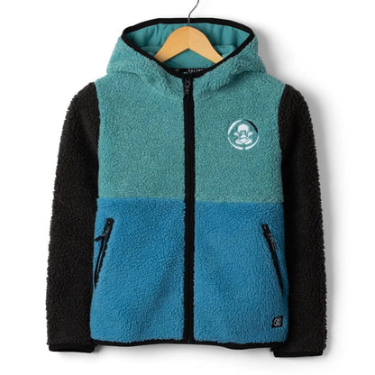 Front view of a Saltrock kids Tok Emery fleece with a zip through front ,hooded neckline and blue, black and teal colour block design.