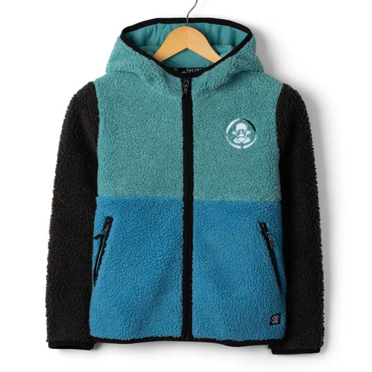 Front view of a Saltrock kids Tok Emery fleece with a zip through front ,hooded neckline and blue, black and teal colour block design.