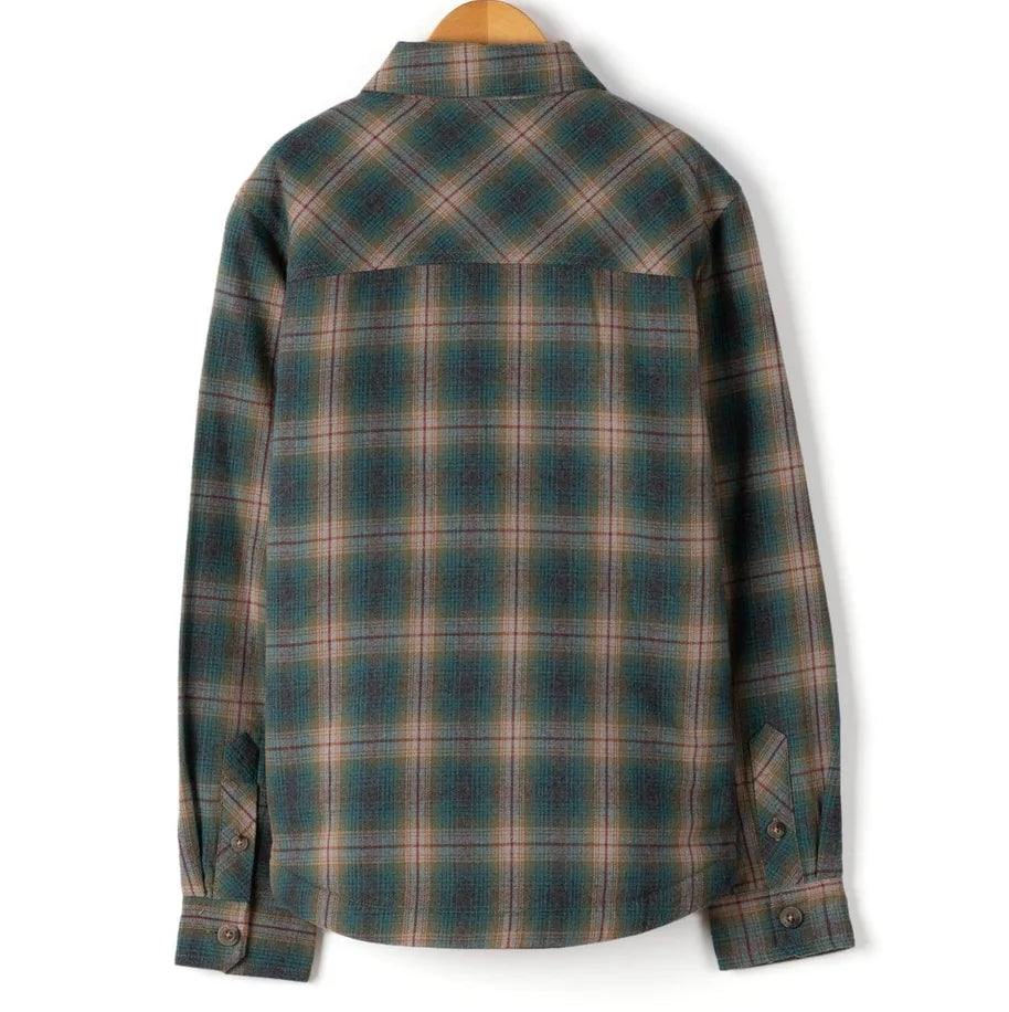 Dark Teal check kids Saltrock lined shirt on a wooden hanger against a white background