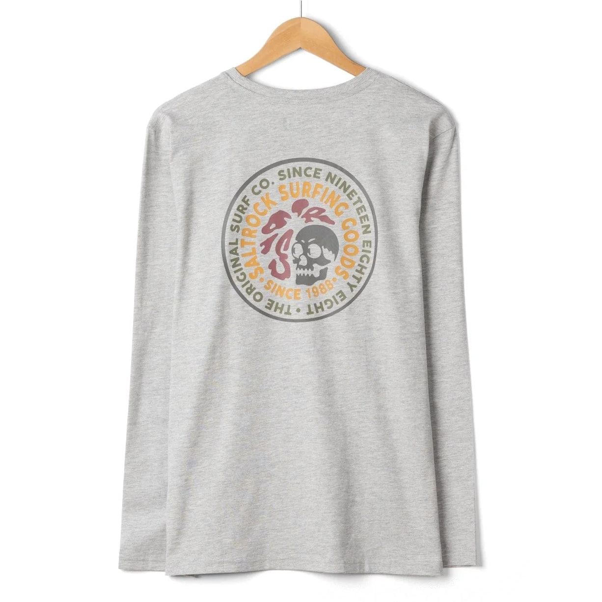 Back view of a mens Saltrock Trail Badge long sleeve t-shirt in grey with a circular surf and skull themed print