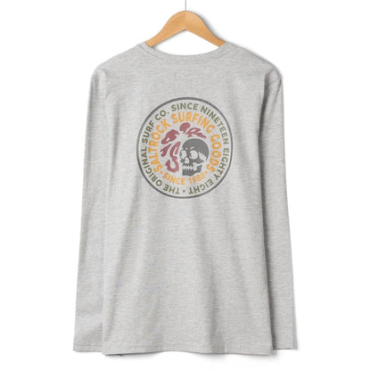 Back view of a mens Saltrock Trail Badge long sleeve t-shirt in grey with a circular surf and skull themed print