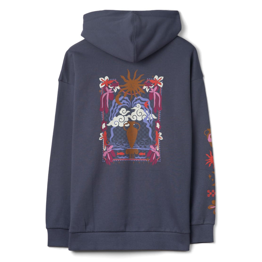 Main back view of a womens Saltrock Athena pop hoodie in Dark Blue, featuring a large print on the back of a terracotta vase with a coastal themed background.