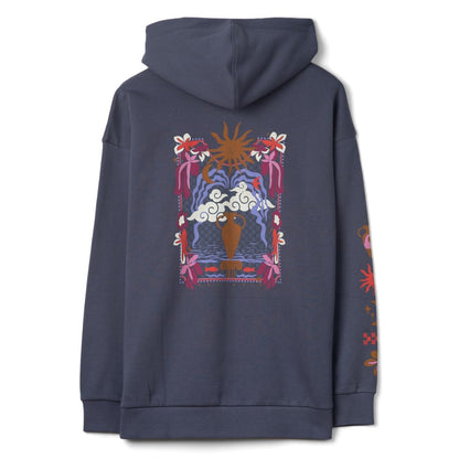 Main back view of a womens Saltrock Athena pop hoodie in Dark Blue, featuring a large print on the back of a terracotta vase with a coastal themed background.