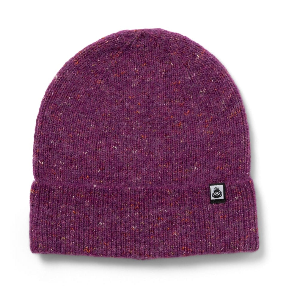 Front view of an adults Saltrock Brushed Maine knitted beanie in purple with a flecked yarn and turn back hem with a small logo label