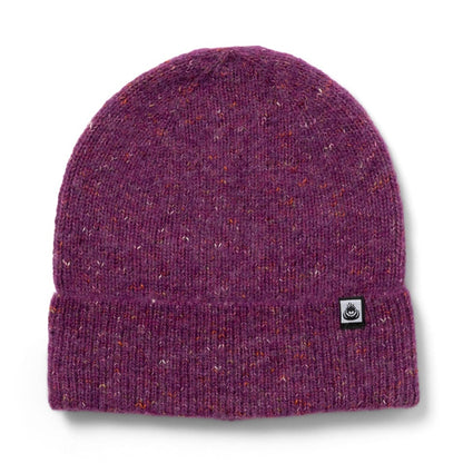 Front view of an adults Saltrock Brushed Maine knitted beanie in purple with a flecked yarn and turn back hem with a small logo label
