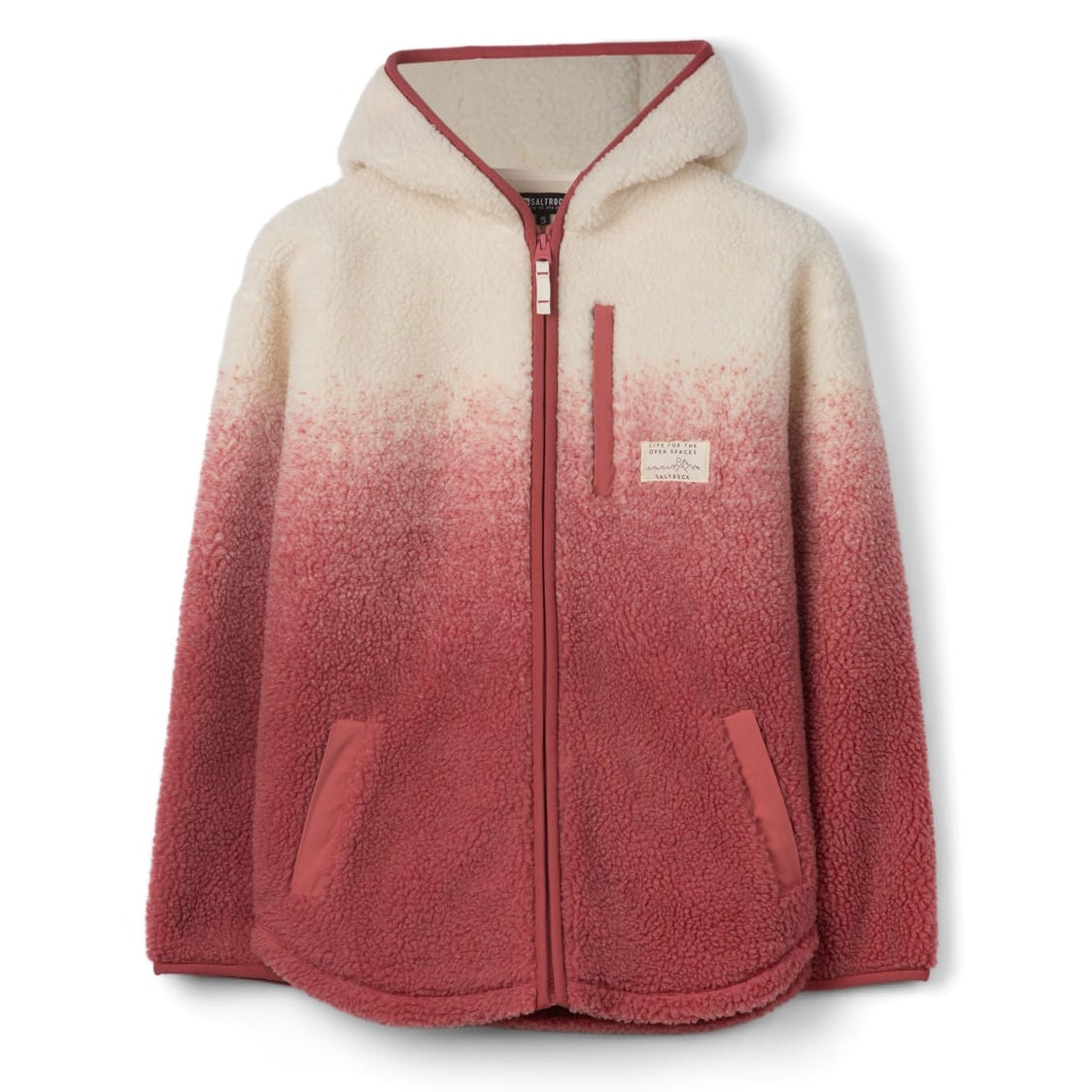 Front view of a womens Saltrock full zip hooded Alba sherpa fleece in a dip dye cream to pink design.