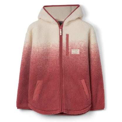 Front view of a womens Saltrock full zip hooded Alba sherpa fleece in a dip dye cream to pink design.