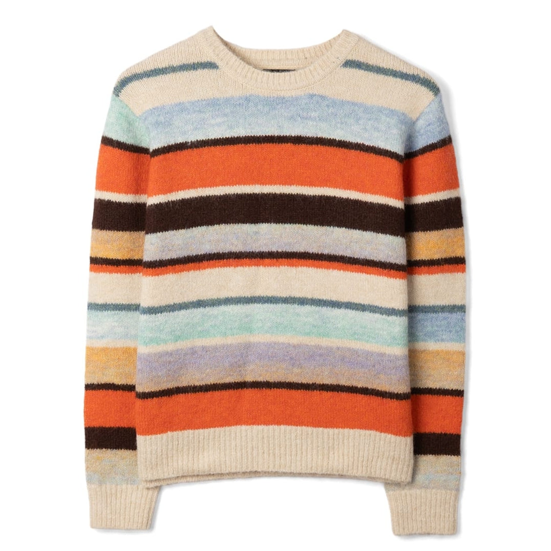 Main front view of a Saltrock wome's Lyris crew neck knitted jumper in an orange, cream and multicolour striped pattern.