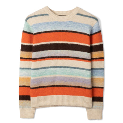 Main front view of a Saltrock wome's Lyris crew neck knitted jumper in an orange, cream and multicolour striped pattern.