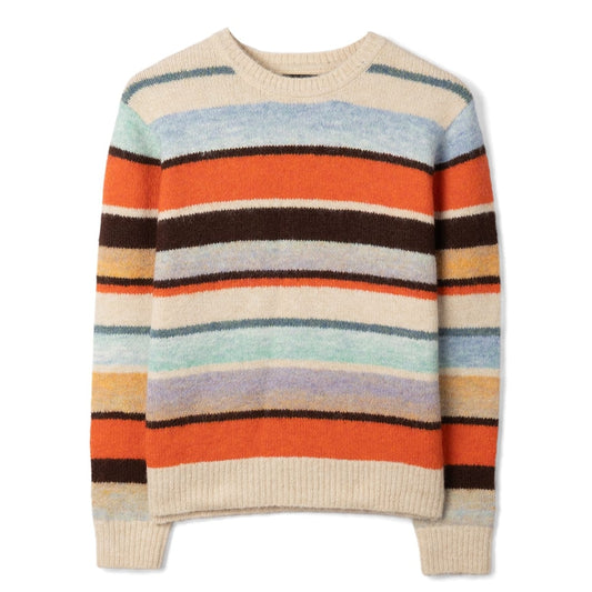 Main front view of a Saltrock wome's Lyris crew neck knitted jumper in an orange, cream and multicolour striped pattern.