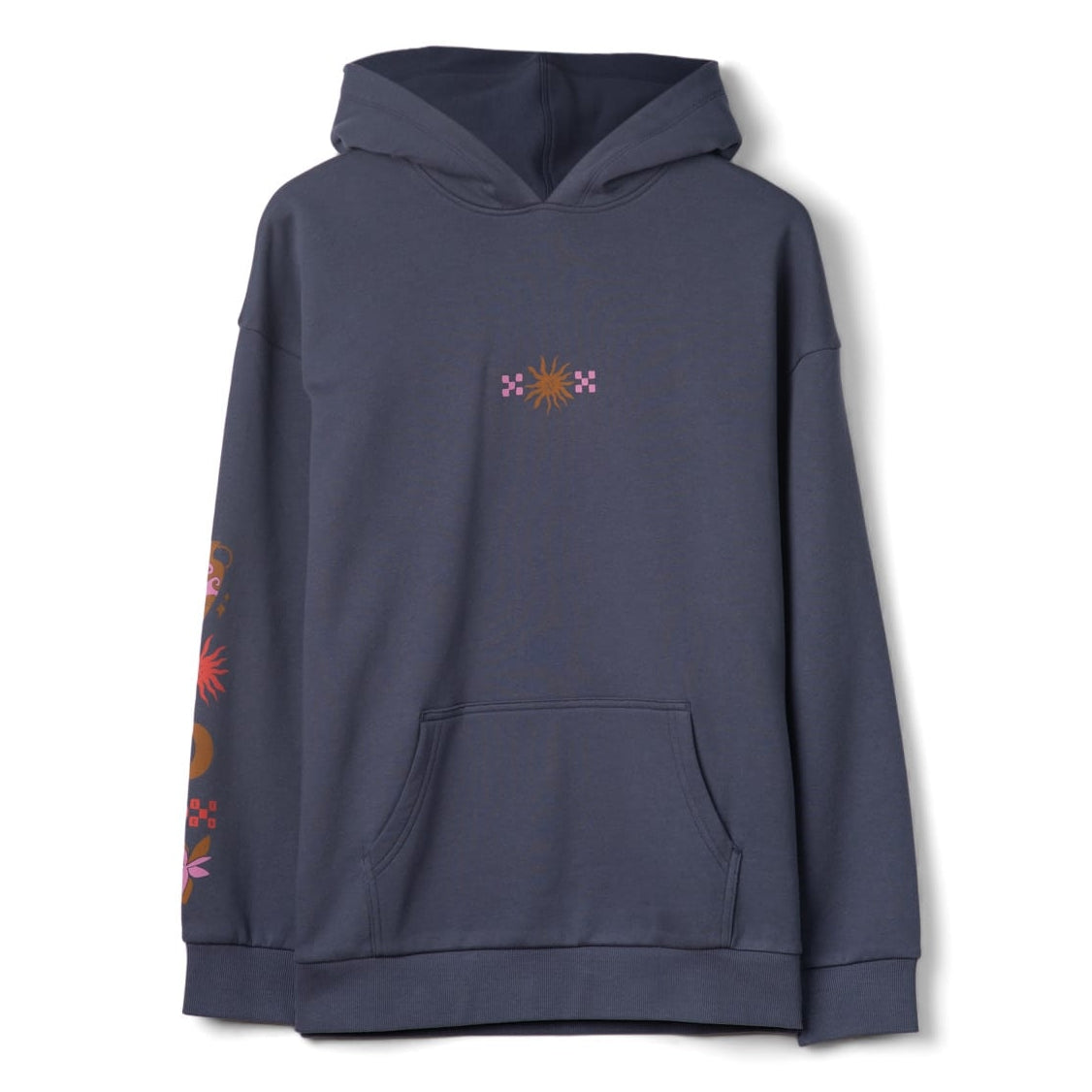 Front view of a womens Saltrock Athena pop hoodie in Dark Blue with a pocket on the tummy, small print on the chest and another print along one sleeve.