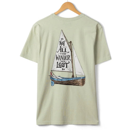 Main view of a Saltrock mens Lost Ships short sleeve t-shirt in Light Green, featuring a sailboat print with the phrase "Not all who Wander are Lost"
