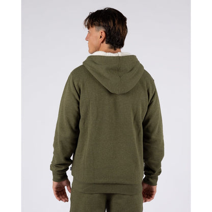 Back view of a man wearing a Saltrock Essential full zip faux fur lined hoodie in khaki green.