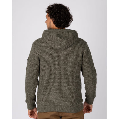 Back view of a man wearing a Saltrock dark green Markus knitted hoodie with a fluffy navy Borg lining.