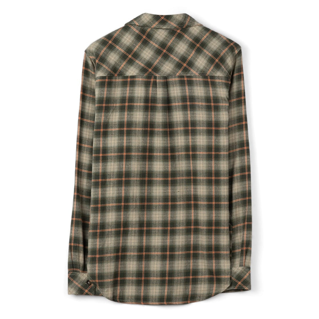 Back view of a mens Saltrock long sleeve Miles flannel shirt in a green and orange check pattern.