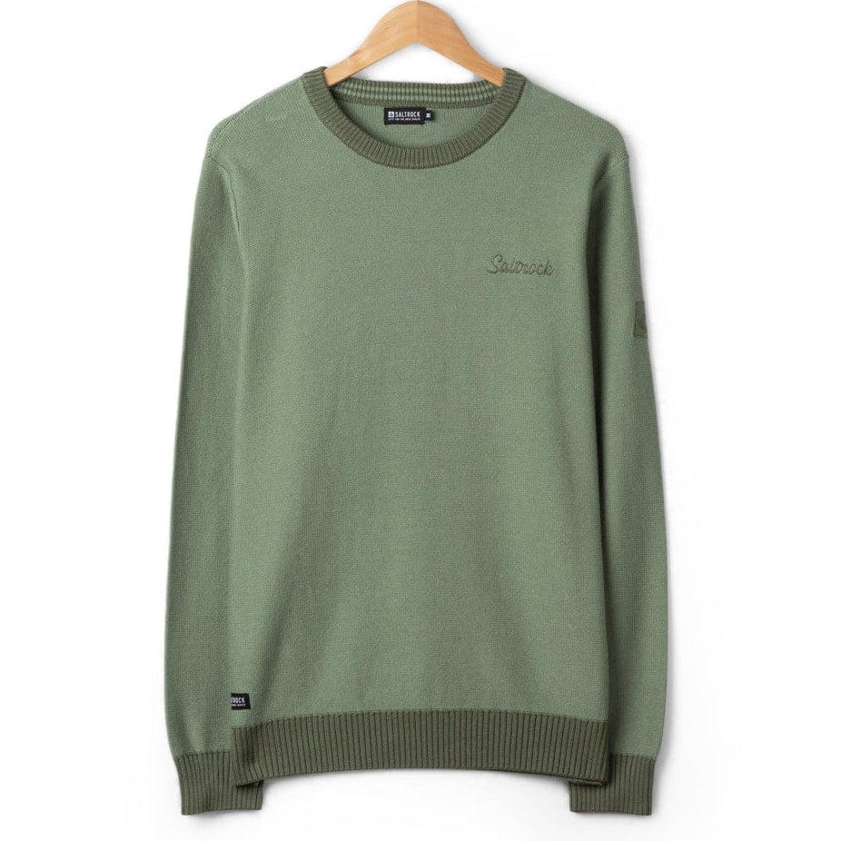 Front view of a mens Saltrock green knitted Callum jumper with round neckline, small logo on the chest, ribbed cuffs, hem and neckline