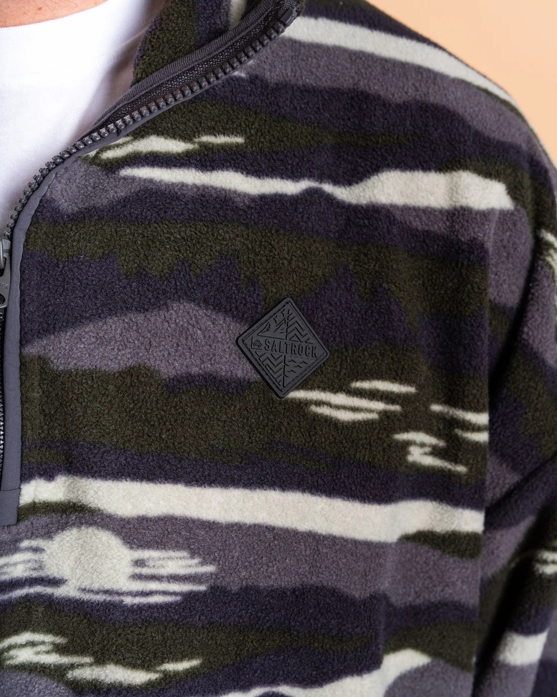 Saltrock mens camo fleece in grey and green with logo on the chest, ideal for outdoor activities
