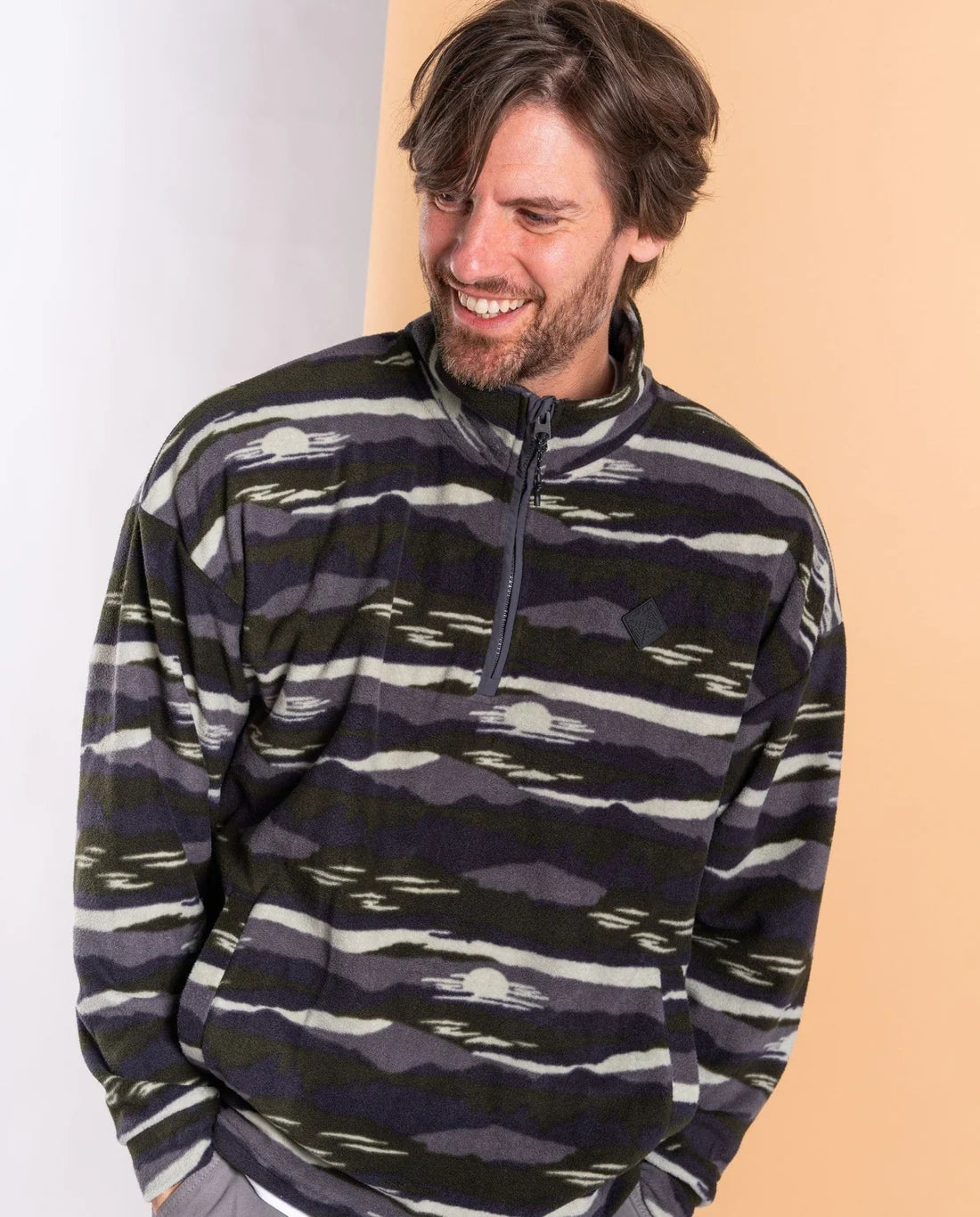 Saltrock mens camo fleece in green and gray pattern with a quarter zip and relaxed fit