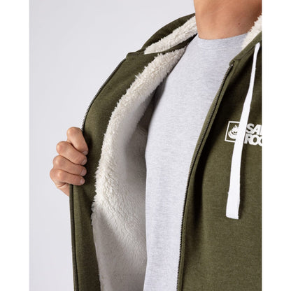Close-up view of the white faux fur lining of a Saltrock mens Essential full zip lined hoodie in khaki green.