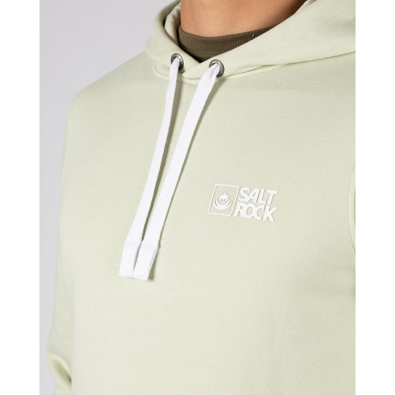 Close-up view of a Saltrock mens Original pop hoodie in Light Green with white hood drawstring and small white chest logo