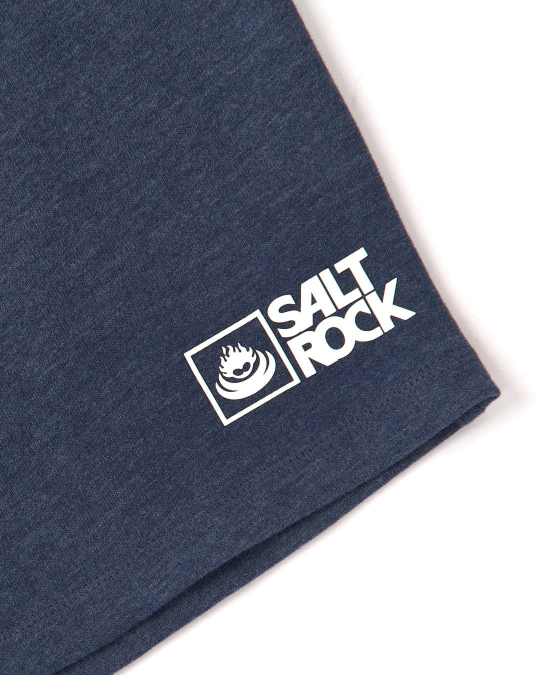 Close-up view of a printed logo on men's Original essential sweat shorts in Blue Marl from Saltrock.