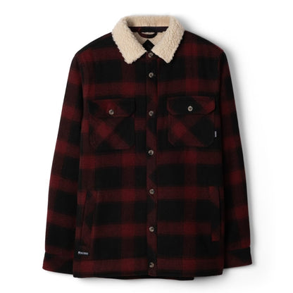 Front view of a man wearing a Saltrock Fisher Borg lined shacket with a dark red and black check pattern outer fabric and a cream body and collar lining.